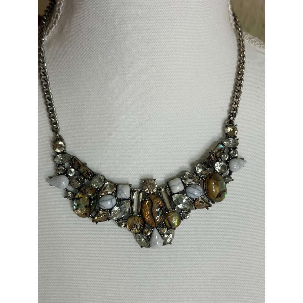 Boho Statement Bib Necklace Multi Stone Abalone White Marble Silver Tone Chain
